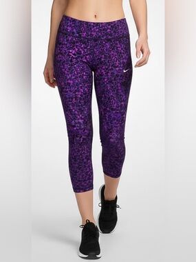 Nike Dri Fit Lotus Epic Run Tight Fit Running Crops Purple XS Leopard Print